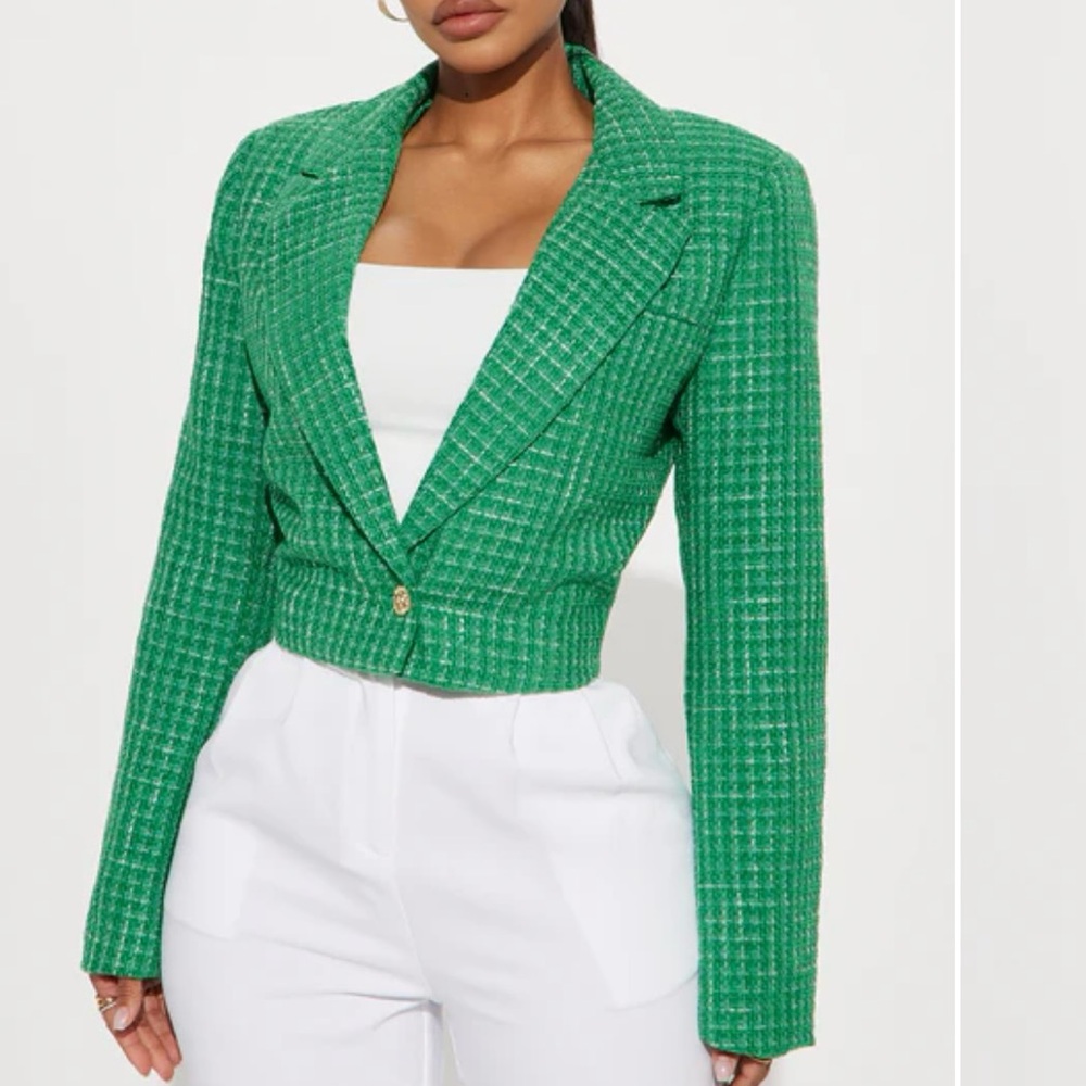 Fashion Nova Green Tweed Cropped Blazer